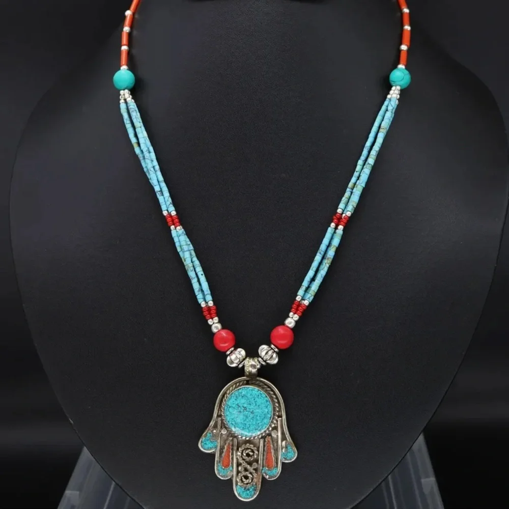 Tibetan silver turquoise and coral Nepali necklace